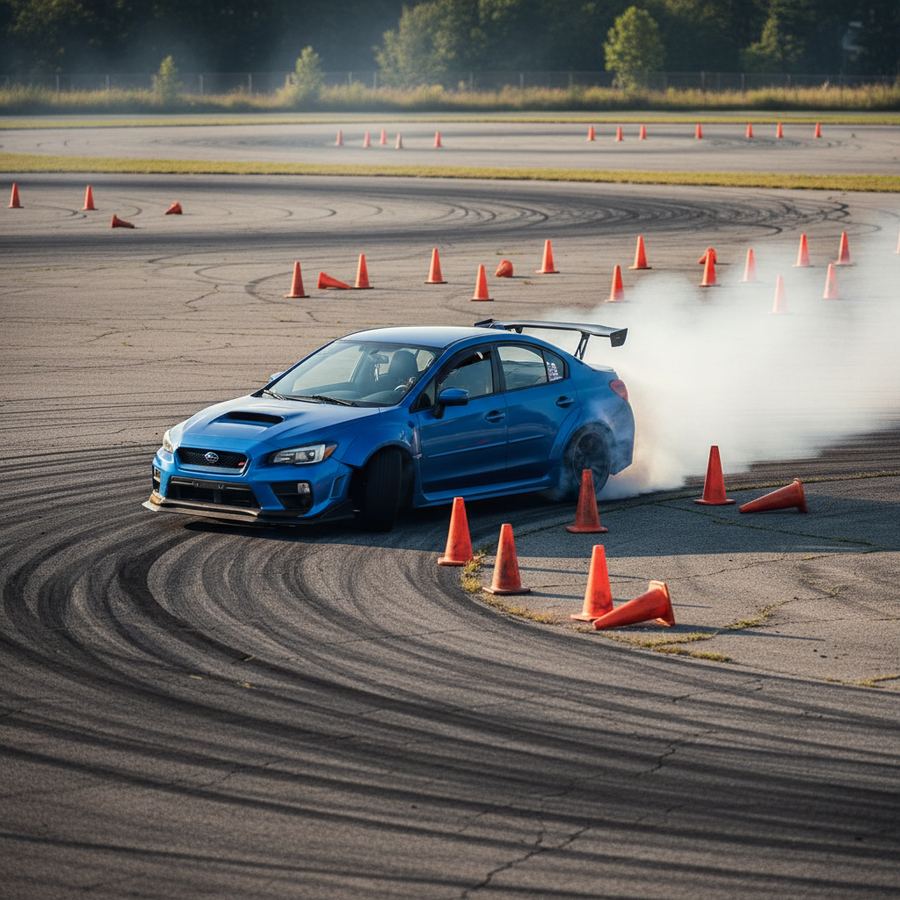 Car navigating a cone course at a local autocross event