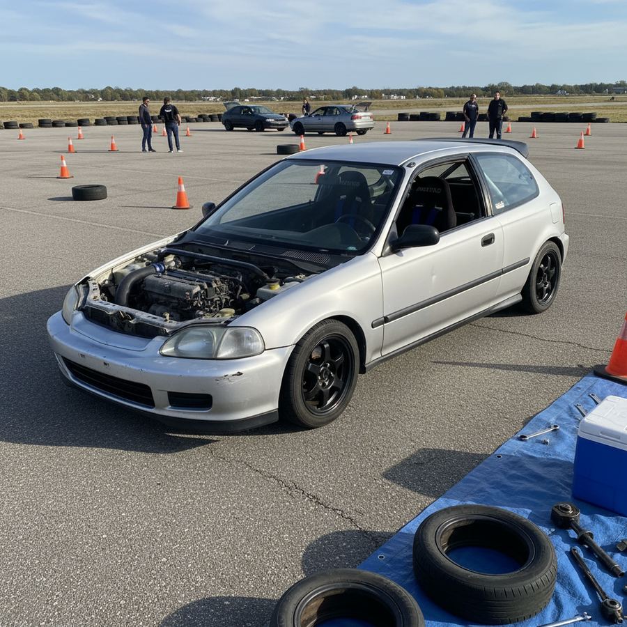 Open trunk of a daily driver packed with tools and spare wheels for an autocross event