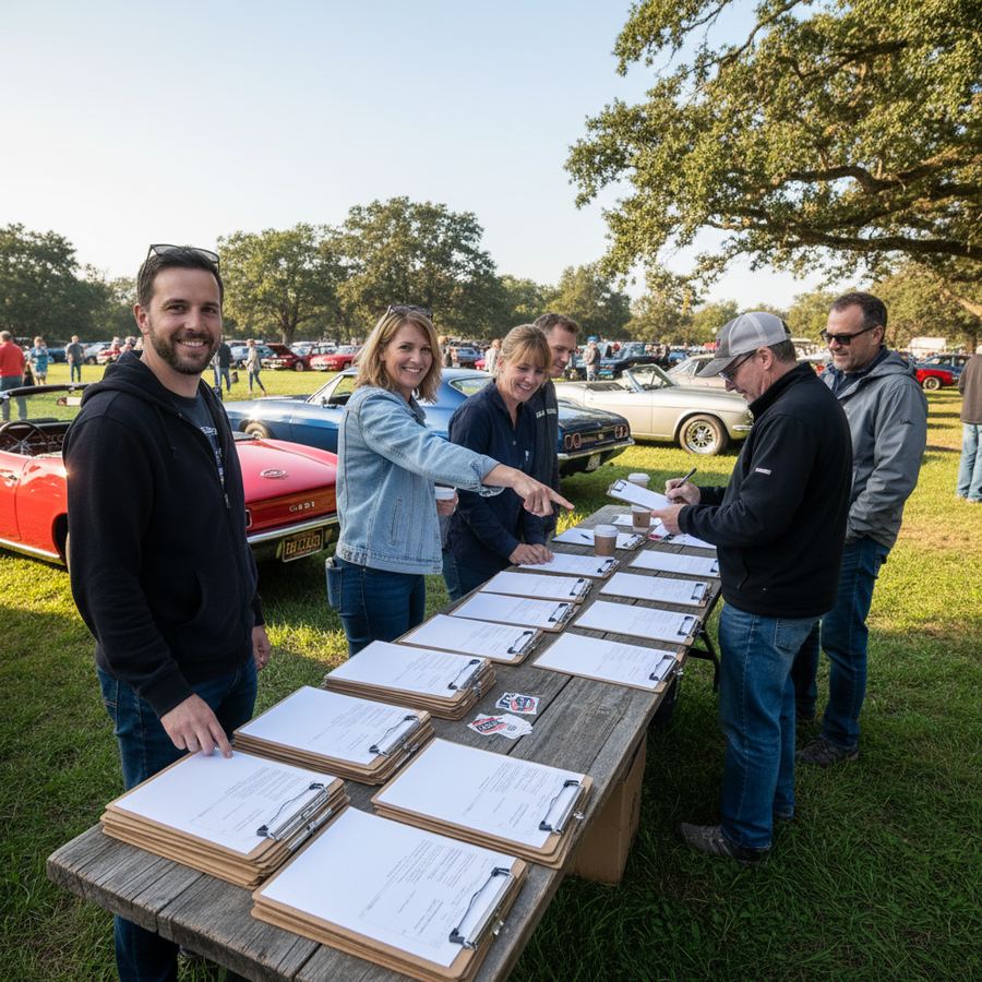 An outdoor registration table at a motorsports event with clipboards, waivers, and a laptop for check-in
