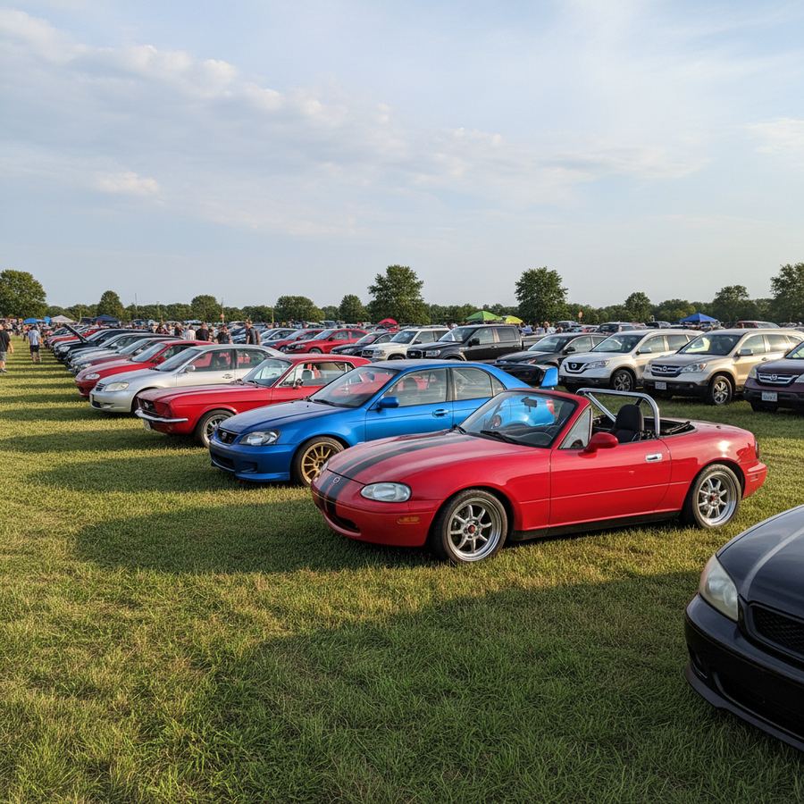 A row of different cars including a Miata, a Civic, and a WRX parked at a grassroots motorsports event