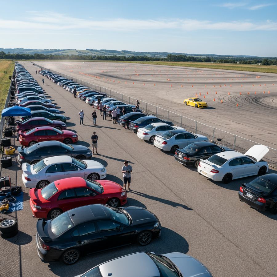 Autocross event paddock with cars and cones